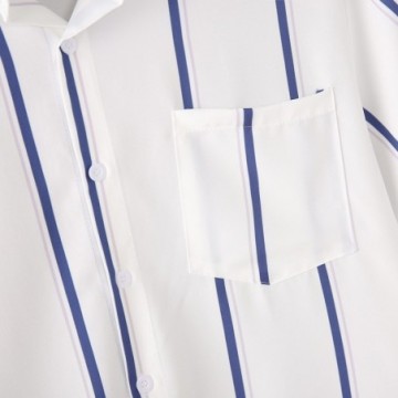 Camisa Masculina Havaiana Branca Listrada Pluz Size Com Botões de Manga Curta Bevelie