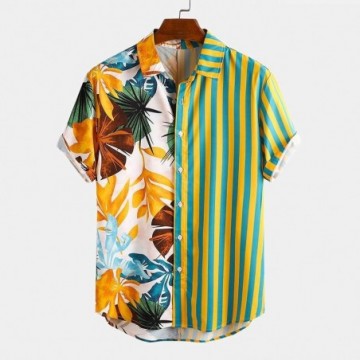 Camisa Masculina Plus Size Manga Curta Com Listra e Estampa Floral Havaiana Bevelie