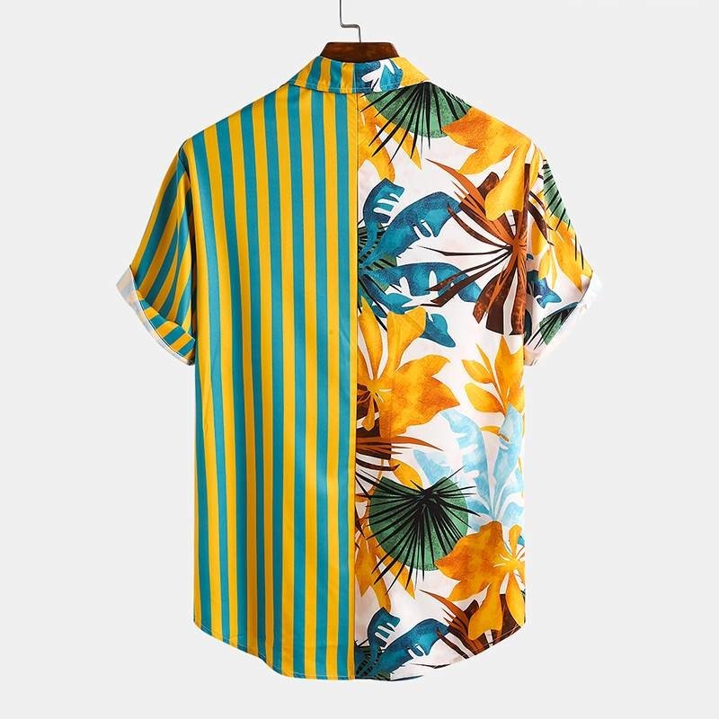 Camisa Masculina Plus Size Manga Curta Com Listra e Estampa Floral Havaiana Bevelie