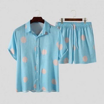 Conjunto de Praia Masculino Havaiano Respirável de Manga Curta Short e Camisa Florida Azul Bevelie