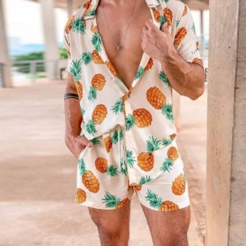 Conjunto de Short Masculinos e Camisa Havaiana Com Estamapa e Design Confortável de Abacaxi Com Botões Bevelie
