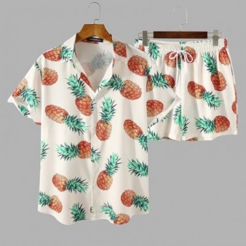 Conjunto de Short Masculinos e Camisa Havaiana Com Estamapa e Design Confortável de Abacaxi Com Botões Bevelie
