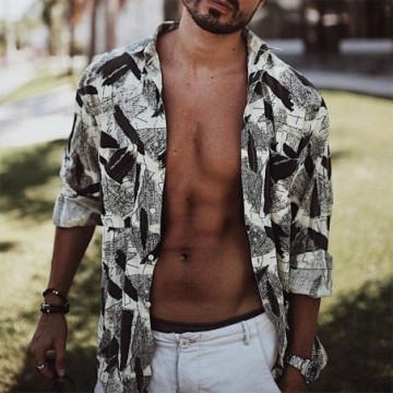 Camisa de Manga Comprida Masculina em Algodão Gola Polo Casual Aberta Moda Havaiana Bevelie