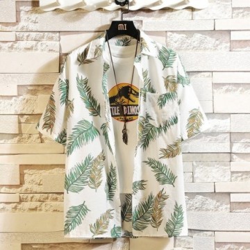 Camisa Plus Size Masculina de Praia Estilo do Verão Estampada Branca Casual de Manga Curta Solta Bevelie