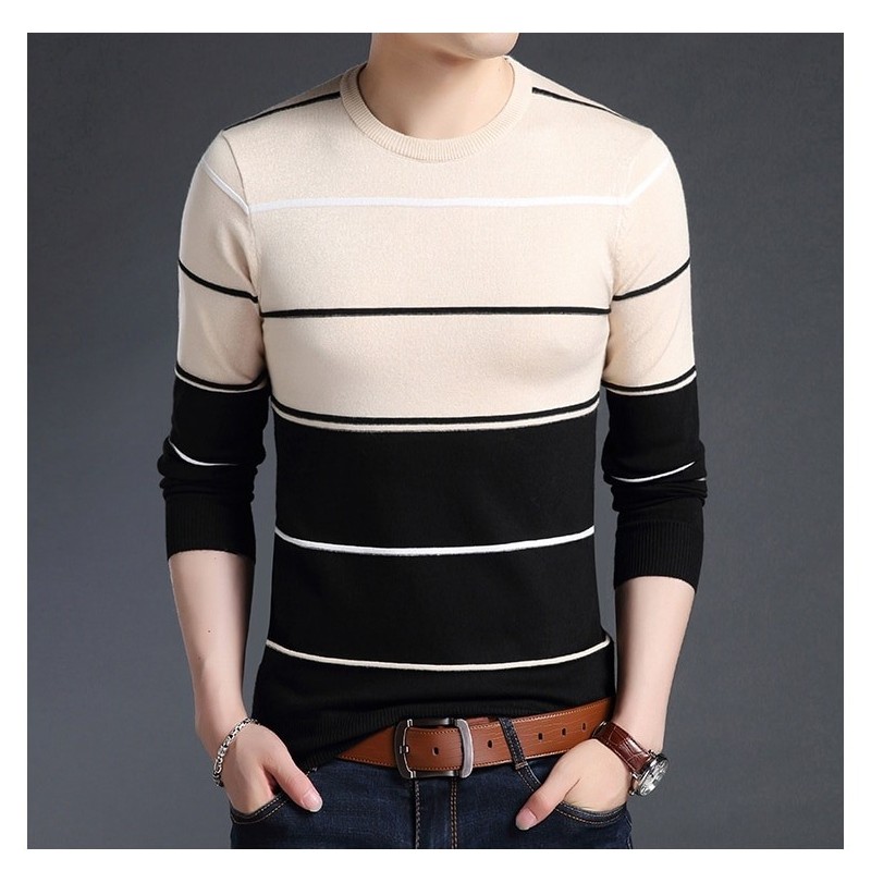 Camisa Listrada Coreana Masculina Moderna Elegante e Casual Pulôver de lã Bevelie