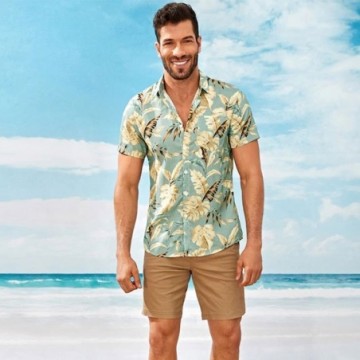 Camisa Masculina de Praia Com Bolso Frontal Casual Florida Moderna Estilo do Verão Bevelie