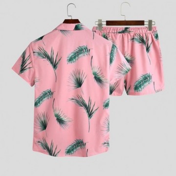 Conjunto Masculino Havaiano Casual de Praia Short e Camisa Com Estampas de Folhas Estilo Havaiana Bevelie