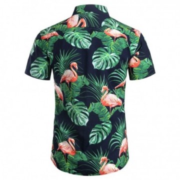 Camisa Masculina Estampada Flamingo Com Botões Casual Havaiana Manga Curta e Bolso Frontal Bevelie