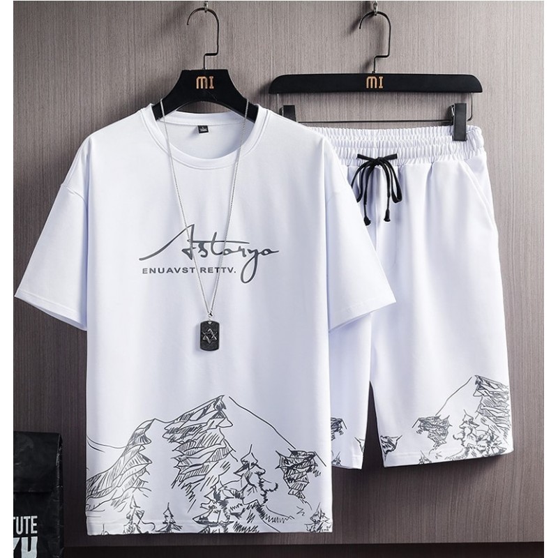 Camiseta e Shorts Masculinos Com Estampa Larga Para Esportes e Treinamento  Conjunto de Ginástica Casual Elegante Tamanhos PP Cores Branco