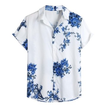 Camisa Floral Manga Curta de Botões Estilosa Moda Havaiana Estampada Bevelie