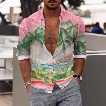 Camisa Masculina Casual de Praia Floral Férias Elegante Manga Longa Bevelie