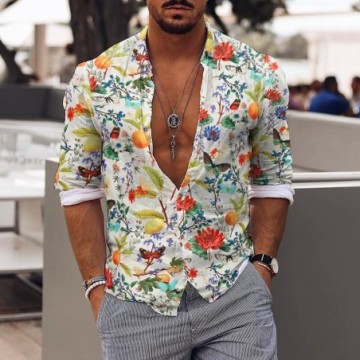 Camisa Masculina Casual de Praia Floral Férias Elegante Manga Longa Bevelie