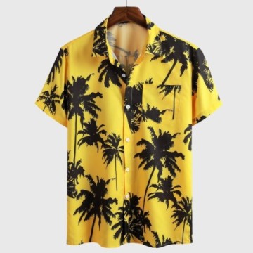Camisa Masculina Havaiana de Manga Curta Amarela Com Estampa de coco