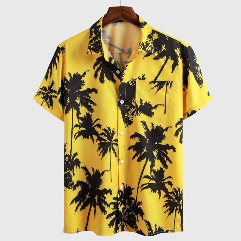 Camisa Masculina Havaiana de Manga Curta Amarela Com Estampa de coco  Tamanhos PP Cores Amarelo