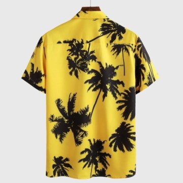 Camisa Masculina Havaiana de Manga Curta Amarela Com Estampa de coco Bevelie