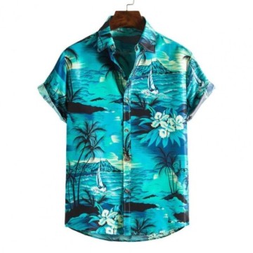 Camisa Havaiana Masculina Casual Listrada Com Estampa de Árvore