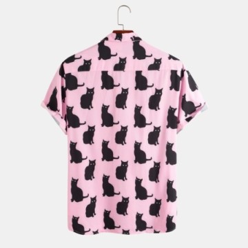 Camisa Havaiana Masculina Com Estampa de Gato Rosa Casual Manga Curta Praia Plus Size Bevelie