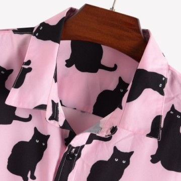 Camisa Havaiana Masculina Com Estampa de Gato Rosa Casual Manga Curta Praia Plus Size Bevelie