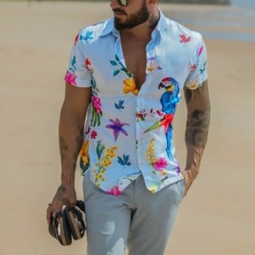 Camisa Masculina Havaiana  Casual do Verão Estampada Aberta Solta Confortável de Botão Floral