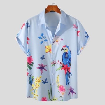 Camisa Masculina Havaiana  Casual do Verão Estampada Aberta Solta Confortável de Botão Floral
